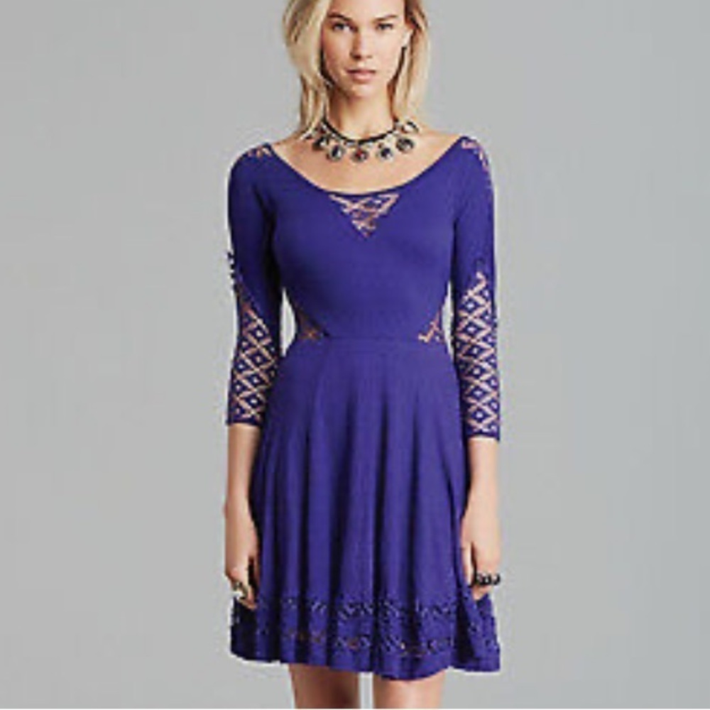 FREE PEOPLE To The Point Dress Size S Purple 3/4 Sleeve Crochet Panels Lined EUC - Picture 12 of 12
